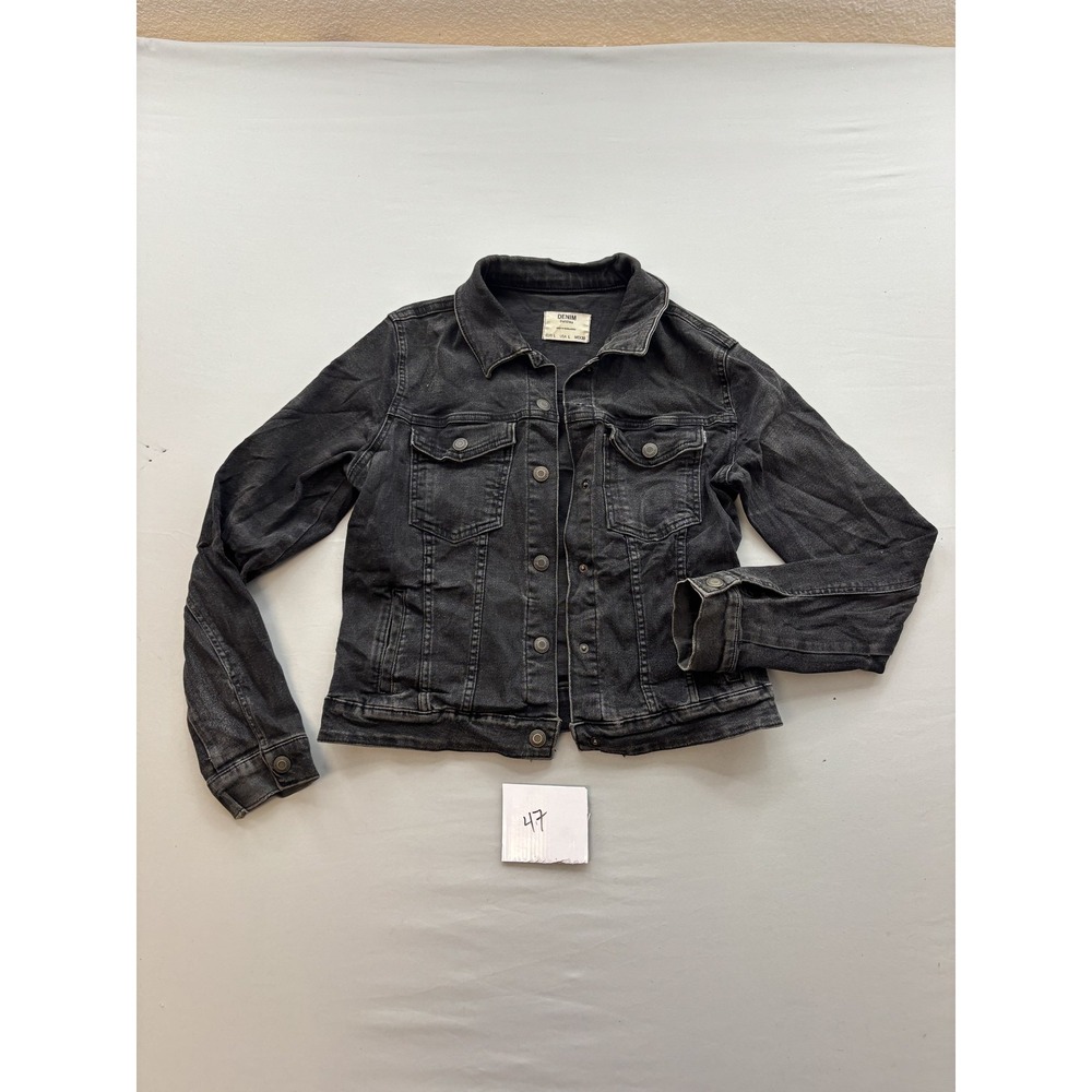 Bershka Men's Washed Black Denim Jacket Button Front Classic Fit Size L